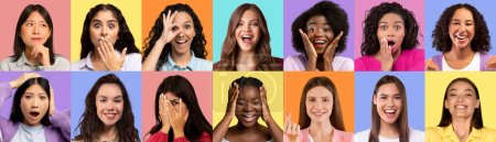 Photo for Closeup portraits of attractive multiethnic young women posing over various studio backgrounds, happy millennial females smiling, grimacing, gesturig, collection of photos, collage, panorama - Royalty Free Image