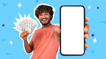 Photo for Happy wealthy young indian guy in casual showing smartphone with white empty screen and cash over colorful background, trading online on stocks and markets, bet on Internet, mockup, collage - Royalty Free Image