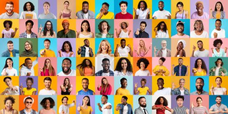 Téléchargez les photos : Collage avec des hommes et des femmes multiculturels optimistes posant sur des milieux colorés, diverses personnes multiethniques heureuses d'âges et d'ethnies différents exprimant des émotions positives - en image libre de droit