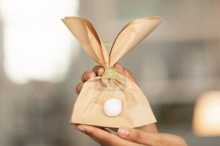 Téléchargez les photos : Idées cadeaux de Pâques. Femme tenant lapin en forme de sac en papier artisanal avec petite décoration de queue de lapin mignon, femme méconnaissable montrant emballage créatif enveloppé avec ruban, espace de copie - en image libre de droit