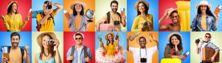 Photo for Travelling, tourism, vacation concept. Set of happy people multiethnic young men and women travelling overseas, have journey abroad, isolated on colorful backgrounds, collage, web-banner - Royalty Free Image
