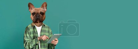 Foto de Comunicar el concepto en línea. Retrato de joven hipster con cabezal bulldog francés usando tableta digital sobre fondo de color, panorama con espacio de copia, banner, collage - Imagen libre de derechos