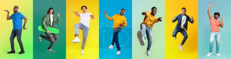Photo for Group Of Diverse Multiethnic Males Having Fun On Colorful Backgrounds, Creative Collage With Happy Multicultural Young Men Expressing Positive Emotions While Standing Over Bright Studio Backdrops - Royalty Free Image