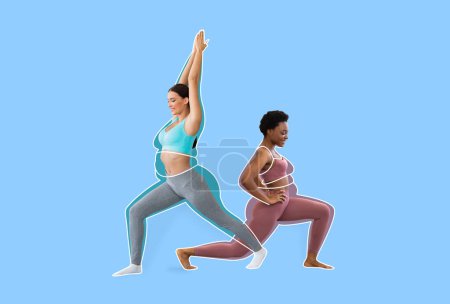 Photo for Cheerful caucasian and black young ladies athletes in sportswear, overweight woman drawn around, doing exercises isolated on blue background, collage, studio. Body care, slimming and sport in gym - Royalty Free Image
