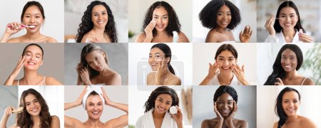 Photo for Cheerful millennial multiracial ladies enjoy anti aging routine treatment, clean skin, apply cream, brush teeth at home. Beauty care, enjoy free time, moisturize, daily procedure and spa, combing hair - Royalty Free Image