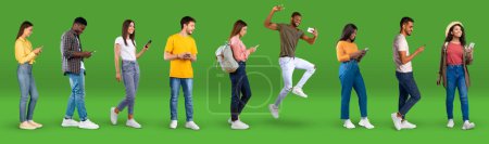Photo for Happy millennial different people in casual chatting on phone, jump, go, have fun on green background, studio, panorama, full length. Emotions with modern device, app, great news, sale and new normal - Royalty Free Image