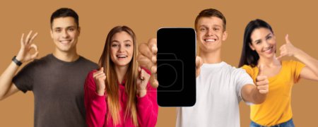 Photo for Smiling happy shocked young caucasian people show smartphone with empty screen and thumb up isolated on beige studio background, panorama. Call on me, communication with new app, make wish - Royalty Free Image