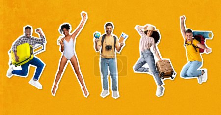 Photo for Smiling excited young black caucasian arabic people jumping, rejoice to travel with suitcase, passport and tickets on orange studio background, panorama. Emotions from vacation and trip - Royalty Free Image