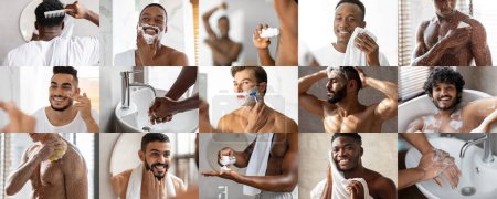 Téléchargez les photos : Enthousiaste jeunes hommes internationaux musclés se raser, prendre une douche, appliquer de la crème et du déodorant sur la peau, profiter de soins spa à la maison, collage, recadré. Beauté masculine et soins du corps, hygiène quotidienne - en image libre de droit