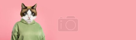 Photo for Plump African American Woman With Head Of Pussy Cat Standing Over Pink Background, Looking At Camera. Studio Shot, Panorama With Copy Space, Banner, Collage - Royalty Free Image
