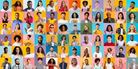 Kreative Collage mit vielen lächelnden multikulturellen Gesichtern über farbenfrohen Hintergründen, verschiedenen glücklichen multiethnischen Menschen unterschiedlichen Alters, die vor hellen Kulissen posieren, lächelnd in die Kamera gestikulieren