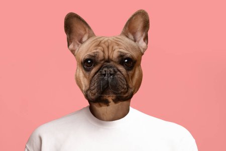 Photo for Guy with animal french bulldog head in white looking at camera, posing alone on pink studio background, closeup shot, copy space, creative collage - Royalty Free Image