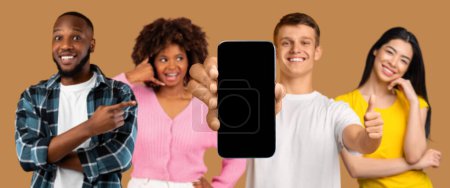 App for chat, communication. Smiling young asian, african american and caucasian people point finger at phone with blank screen, make thumb up and call gesture, recommend website on beige background