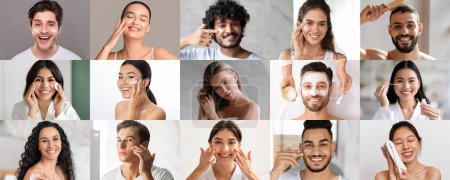 Photo for Glad happy young multiethnic men and women apply cream, serum, mask, combing hair, enjoy spa treatments at home, collage. Body and beauty care, daily hygiene, moisturizing cosmetics - Royalty Free Image