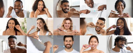 Téléchargez les photos : Heureux jeunes hommes et femmes internationaux se brossant les dents avec une brosse à dents et de la soie dentaire, profiter des routines quotidiennes à la maison le matin, collage, panorama. Soins dentaires, contrôle des caries, hygiène stomatologique - en image libre de droit