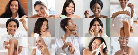 Photo for Smiling young different women enjoy anti aging routine procedures, clean skin, brush teeth with dental floss at home. Beauty care at free time and spa treatment, nude makeup, massage and epilation - Royalty Free Image
