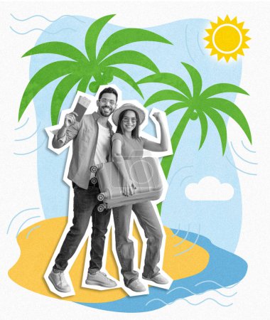 Téléchargez les photos : Joyeux jeune couple multiethnique touristes avec des billets de valise et passeport profiter des vacances sur la plage avec palmier et soleil sur fond de studio. Émotions du voyage, des vacances et du mode de vie actif - en image libre de droit