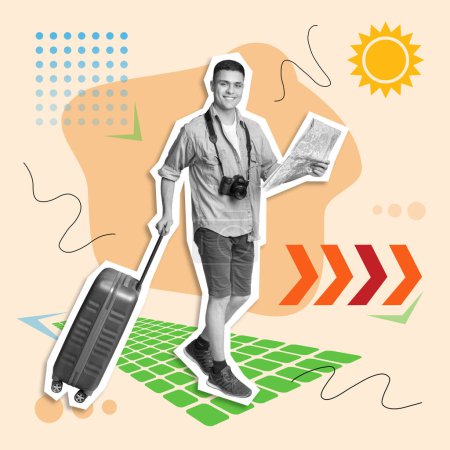 Photo for Glad millennial european man tourist with map, suitcase and camera with sun and signs on studio background, full length, double exposure. Emotions from vacation and travel and active lifestyle - Royalty Free Image