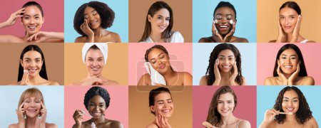 Smiling millennial, adult multiracial women apply cream, cleanse perfect skin, enjoy beauty spa daily procedures on colorful background, studio, panorama. Body care, moisturizing cosmetics Poster 646829616
