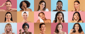 Smiling millennial, adult multiracial women apply cream, cleanse perfect skin, enjoy beauty spa daily procedures on colorful background, studio, panorama. Body care, moisturizing cosmetics Poster #646829616