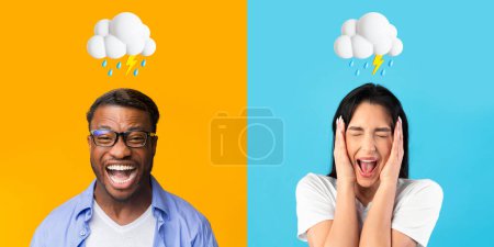 Photo for Angry excited young black man and european woman with lightning cloud and rain overhead scream isolated on wall studio background. Negative emotions, bad mood, freaking out, problems and stress - Royalty Free Image