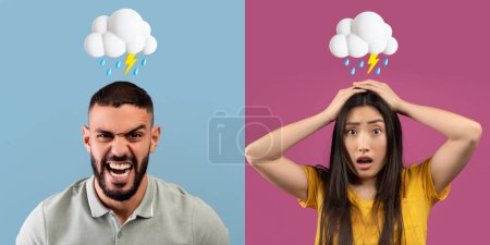 Téléchargez les photos : Furieux frustré excité jeune homme arabe et surpris femme asiatique triste avec la foudre, nuage et la pluie sur la tête isolé sur fond de studio de mur. Émotions négatives, mauvaise humeur, problèmes et stress - en image libre de droit