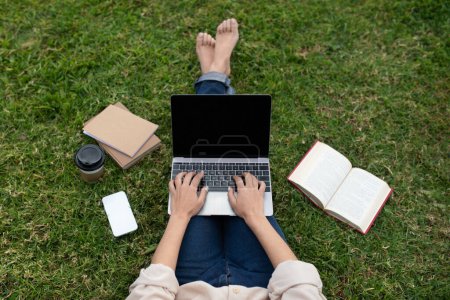 Téléchargez les photos : Étudiante caucasienne millénaire assise sur l'herbe avec un ordinateur portable avec écran blanc, regardant une leçon vidéo sur le campus à l'université, en plein air. Etude, connaissance, éducation dans le parc, pause et travail - en image libre de droit