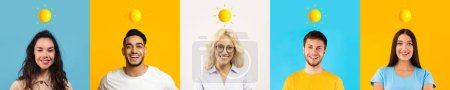 Photo for Happy smiling optimistic young international men and women with sun over head have great mood, isolated on colored studio background. Positive emotions, surprise, good news and fun - Royalty Free Image