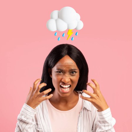 Photo for Angry sad millennial black lady freaking out, scream with open mouth with abstract cloud of lightning, rain sign above head on pink studio background. Pms, bad negative emotion, reaction and stress - Royalty Free Image
