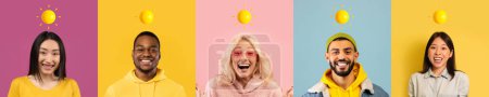 Photo for Happy smiling shocked optimistic young diverse people with sun over head, isolated on colorful studio background. Reaction on good news, positive emotions, great mood and surprise - Royalty Free Image