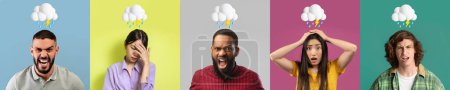 Photo for Angry frustrated excited millennial diverse people with lightning cloud and rain overhead isolated on wall studio background. Negative emotions, bad mood, freaking out, problems and stress - Royalty Free Image