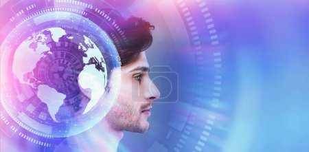 Foto de AI y ModernTechnologies. Perfil de hombre cabeza con holograma globo digital como cerebro, collage creativo en diseño futurista, panorama - Imagen libre de derechos
