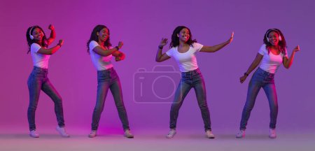 Téléchargez les photos : Je m'amuse. Collage créatif avec jeune femme noire heureuse dansant dans la lumière au néon, femme afro-américaine insouciante joyeuse de bonne humeur posant sur fond de studio violet, panorama - en image libre de droit