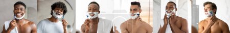 Foto de Collage con diversos hombres jóvenes afeitándose cerca del espejo en el baño, sonriendo guapos hombres multiétnicos con espuma de afeitar en la cara usando navaja de afeitar, haciendo rutina de belleza matutina en casa, Panorama - Imagen libre de derechos