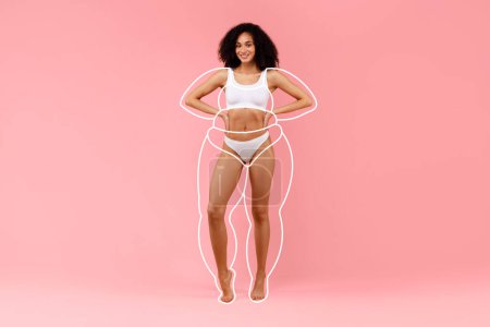 Photo for Body care concept. Slim black lady in underwear with drawn silhouette outlines around figure posing on pink background, full length shot, creative collage - Royalty Free Image