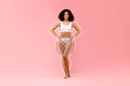 Photo for Liposuction result concept. Black slim woman posing in underwear over pink background, lady in white lingerie demonstrating her curves, full length, collage - Royalty Free Image