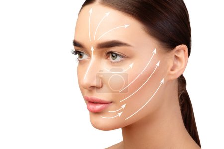 Photo for European Ladys Face With Arrows On Smooth Skin Showing Lines Of Facial Lifting And Massage Over White Studio Background, Looking Aside. Rejuvenation Skincare And Plastic Surgery Concept - Royalty Free Image