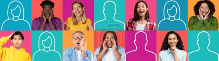 Photo for Laughing shocked young and adult multiracial people think, got idea with copy space, abstract silhouette on colorful studio background, panorama, collage. Good news reaction, emotions, ad and offer - Royalty Free Image