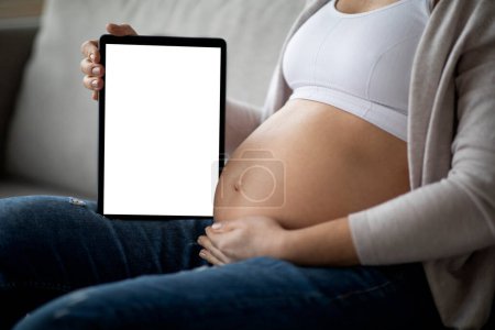 Photo for Pregnant Lady Holding Digital Tablet With Blank Screen And Caressing Belly, Unrecognizable Expectant Woman Demonstrating Modern Gadget With Mockup For App Or Website While Sitting On Couch At Home - Royalty Free Image