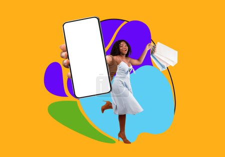 Photo for Black Shopaholic Lady With Shopping Bags And Blank Smartphone Posing On Colorful Abstract Background, Happy African American Woman Advertising Online Stores Or App With Sales, Collage, Mockup - Royalty Free Image