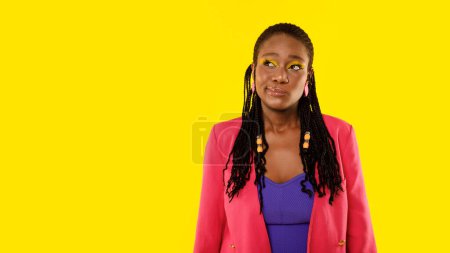 Photo for Let Me Think. Portrait Of Black Woman Thinking About Offer Looking Aside Posing In Bright Clothes Near Copy Space Over Yellow Background. Studio Shot Of Thoughtful Young Lady, Panorama - Royalty Free Image