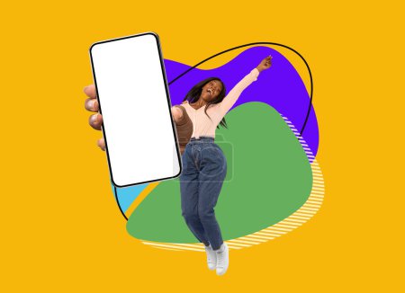 Photo for Joyful Black Woman Jumping With Big Blank Smartphone In Hand Over Abstract Colorful Background, Happy Young African American Lady Advertising New App Or Website, Creative Collage, Mockup - Royalty Free Image