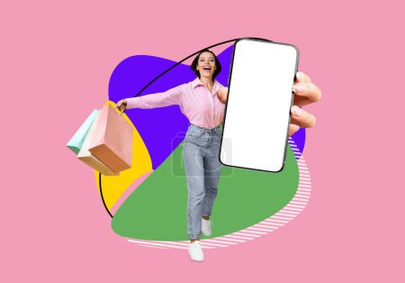 Photo for Big Sales. Happy Lady With Shopping Bags Demonstrating Blank Smartphone In Hand, Cheerful Excited Shopaholic Lady Jumping Over Colorful Abstract Background, Creative Collage, Panorama - Royalty Free Image