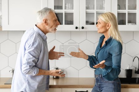Photo for Domestic Conflicts. Portrait Of Senior Spouses Arguing In Kitchen Interior, Elderly Couple Suffering Marriage Problems, Angry Wife And Husband Quarreling At Home, Screaming To Each Other, Copy Space - Royalty Free Image
