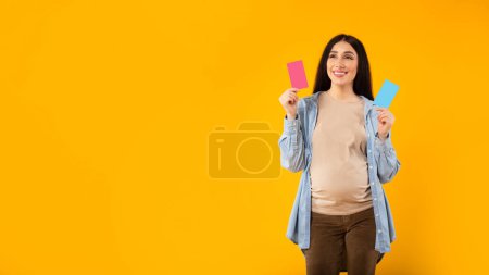 Photo for Excited young woman with big belly enjoying pregnancy, holding blue and pink papers, posing on yellow background, panorama with free space. Gender party, motherhood and expectation of child - Royalty Free Image