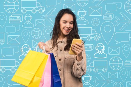 Photo for Happy young woman shopahilic tracking package online, holding colorful shopping bags, using smartphone over digital icons background, collage for ecommerce, online shopping concept - Royalty Free Image