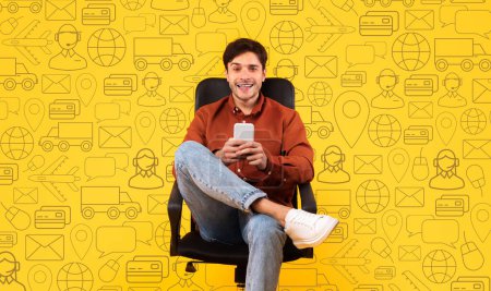 Photo for Relaxed cheerful handsome young guy in casual outfit sitting on chair over digital icons, using phone and smiling, tracking his package online via delivery mobile app, collage - Royalty Free Image