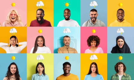 Foto de Grupo de personas con diferentes expresiones faciales posando sobre fondos coloridos, diversos machos y hembras multiétnicos con emojis climáticos por encima de la cabeza mostrando emociones positivas y negativas, collage - Imagen libre de derechos