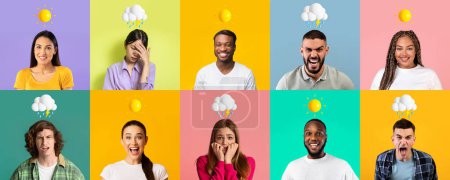 Foto de Explosión Emoción. Hombres y mujeres multiétnicos con diferentes estados de ánimo posando sobre fondos coloridos, collage creativo con grupo de personas con sol y lluvia nube emojis por encima de la cabeza, Panorama - Imagen libre de derechos