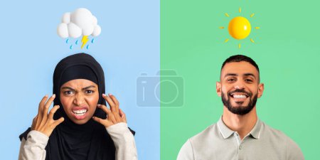 Foto de Hombre y mujer árabes en Hijab expresando diferentes emociones mientras están de pie sobre fondos coloridos con el sol y la nube de lluvia Emojis por encima de la cabeza, pareja de Oriente Medio que tiene buen y mal humor, Collage - Imagen libre de derechos
